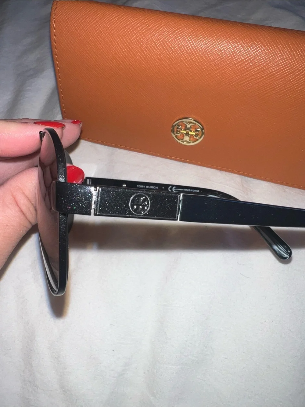 Tory Burch Orange Saffiano Wallet-Style Sunglass Case with Black Aviator Shades